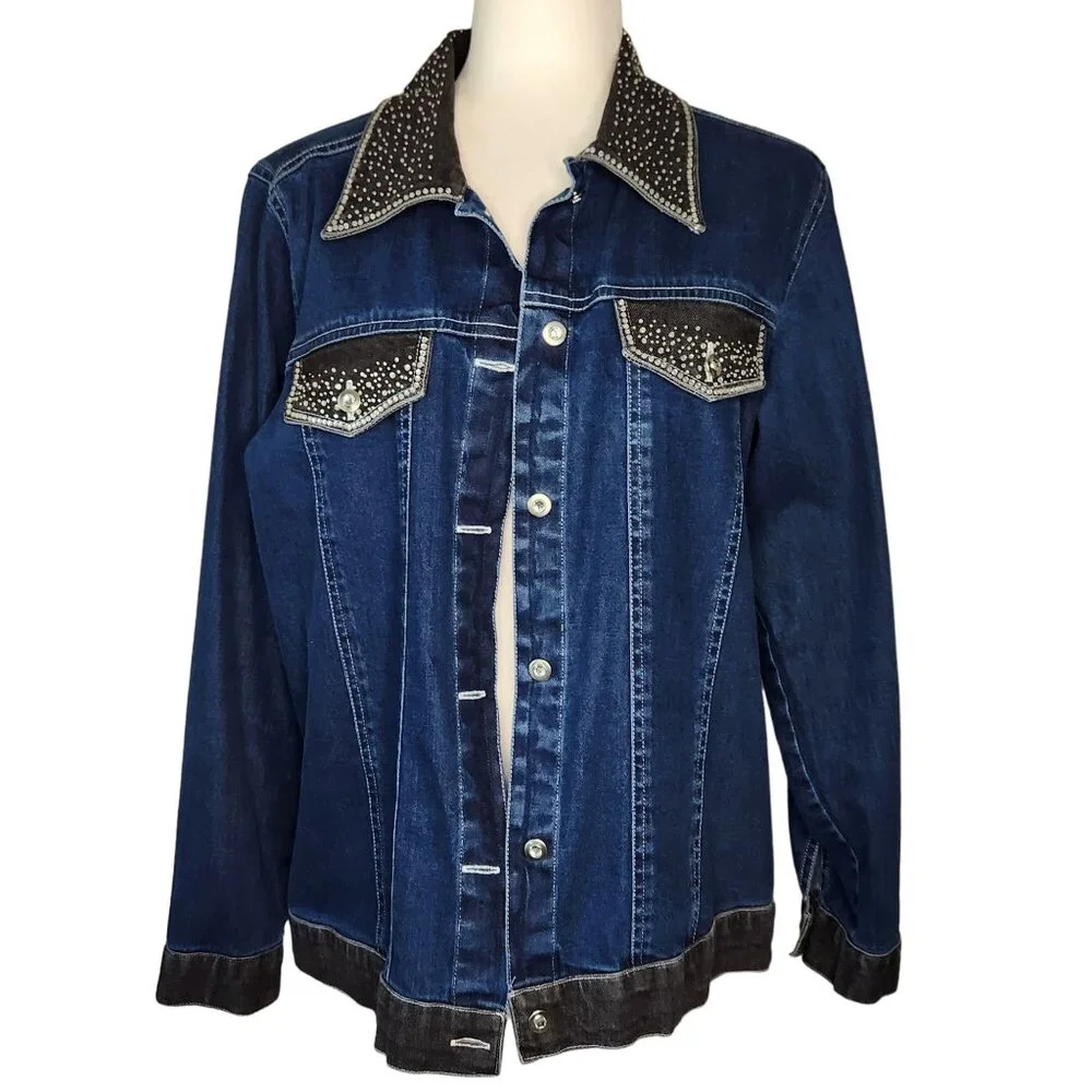 Vintage Y2K 2000s Quacker Factory Denim Jean Jacket Small Studded Collar Sequin